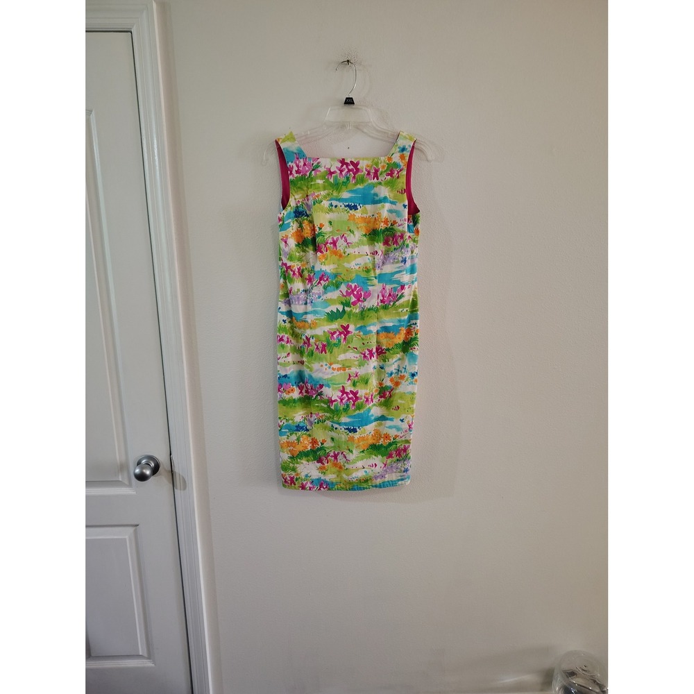 Rebecca Thomas Floral Landscape Sheath‎ Dress 8 Pink Green Sleeveless